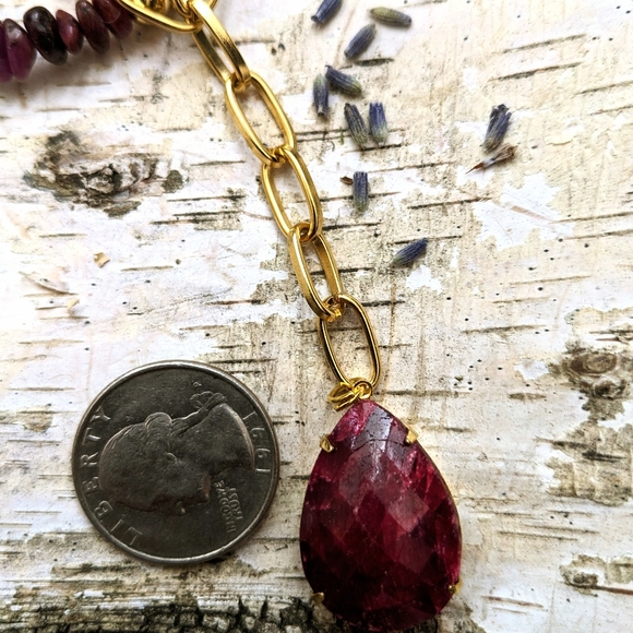 Natural Ruby Chips In 2-Strand Paperclip Necklace W/ Genuine Ruby Pendant - Picture 12 of 12